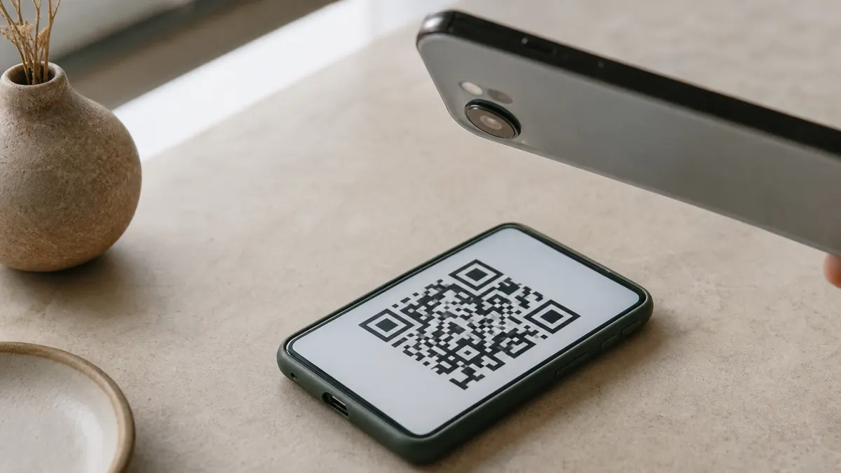An Android phone shows a QR code on its screen while another phone's camera is held above it to scan.