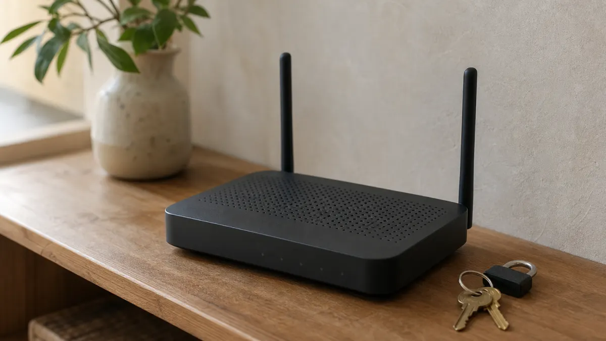 A Wi-Fi router with two antennas sits on a shelf beside a key ring and a small padlock.