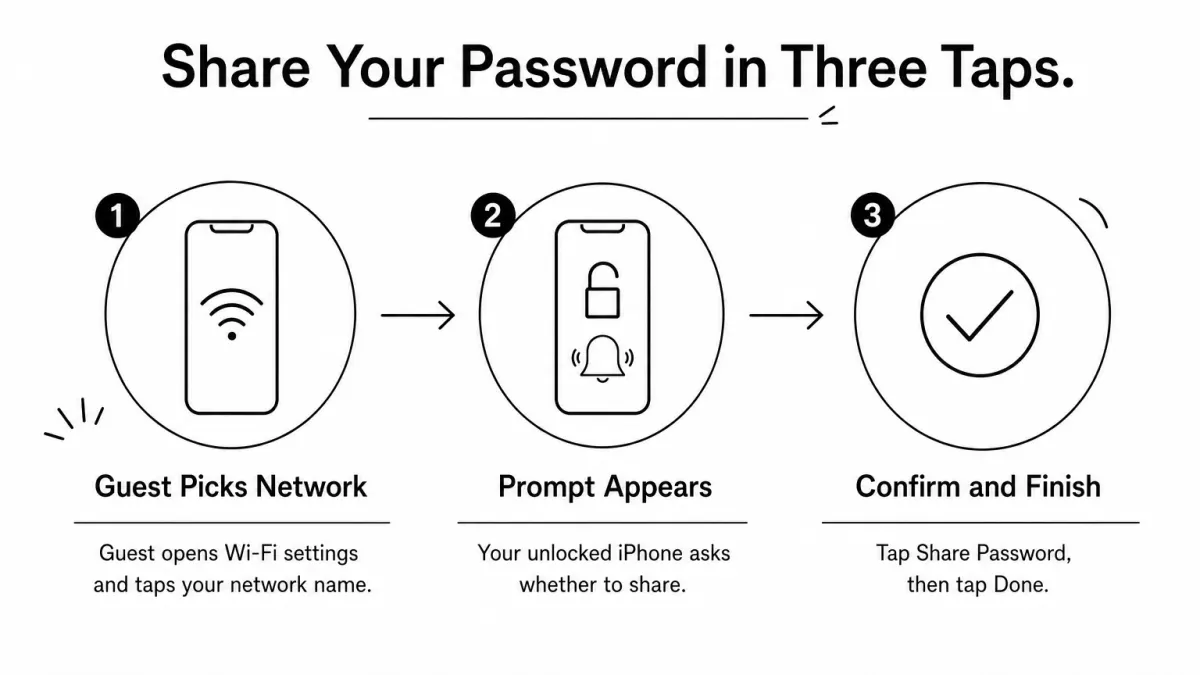 A three-step process showing a guest choosing a network, a host confirming a prompt, and the password being shared.