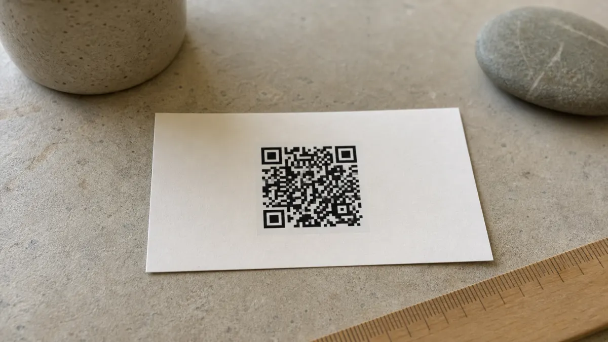 A business card lying flat with a one-inch QR code on its back, surrounded by a clear blank margin.