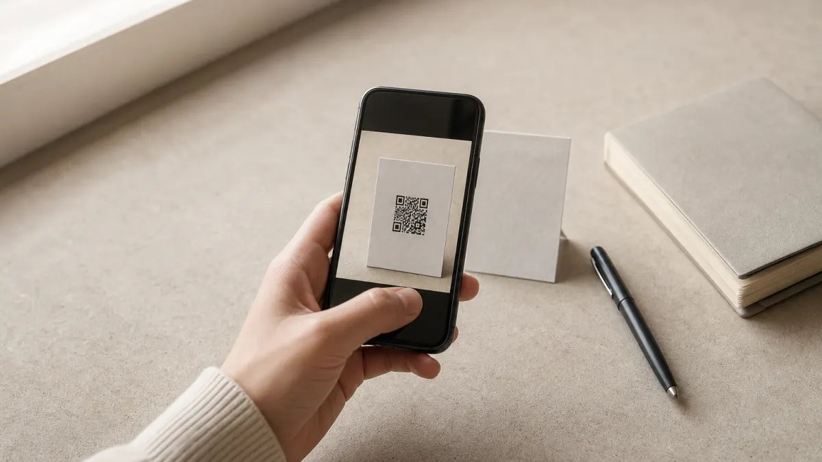 A phone camera aimed at a QR code on the back of a business card, with a pen and notebook nearby.