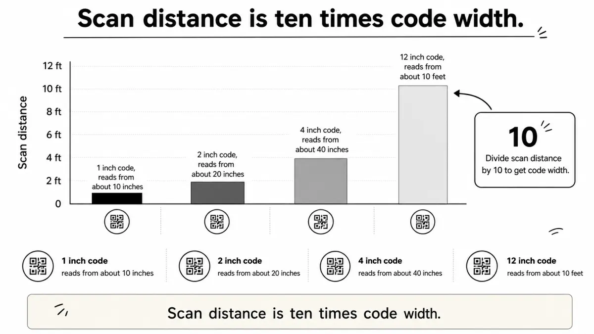 Bar chart showing code widths of 1, 2, 4, and 12 inches with the scan distances each one reads from.