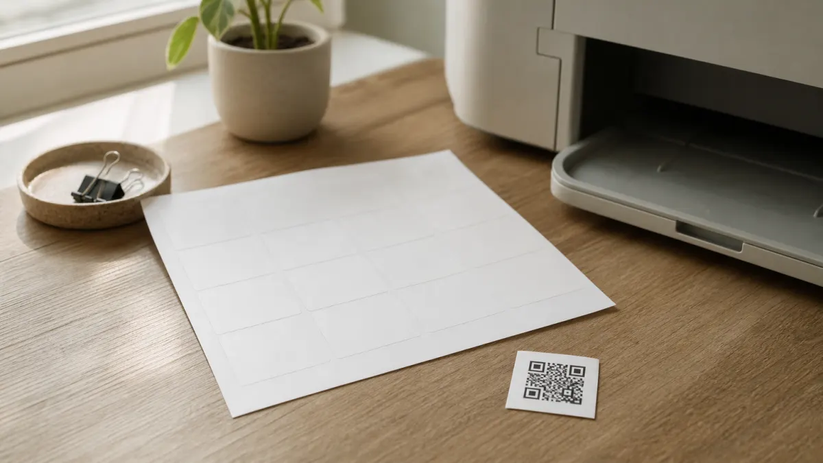 A printed QR code sticker peeled from a label sheet on a desk beside a home printer.
