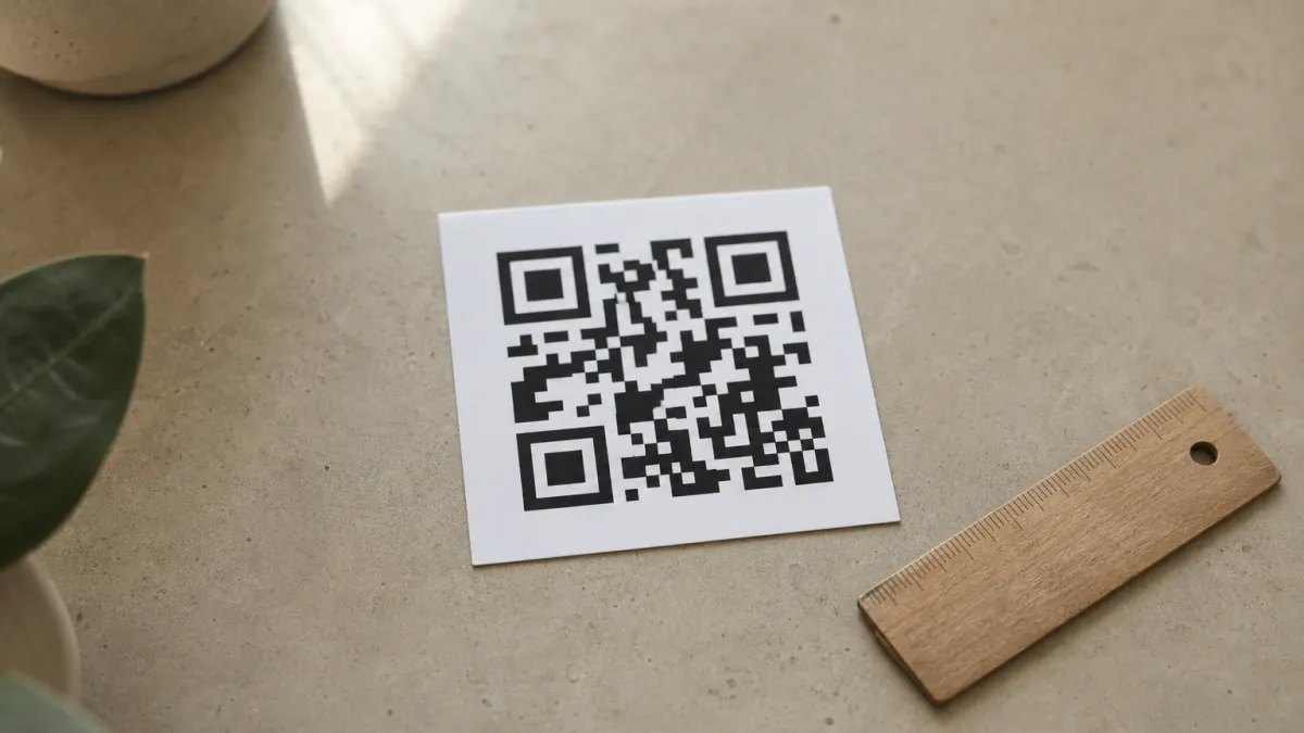 A square QR code sticker on a tabletop, surrounded by a wide blank margin, with a ruler beside it.