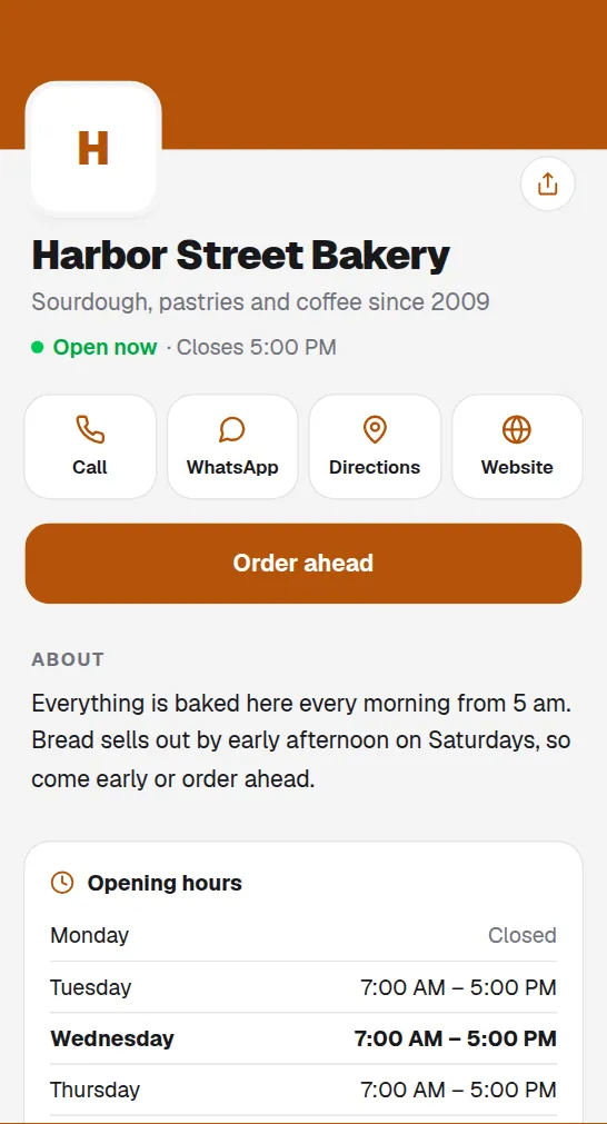 A business page with opening hours