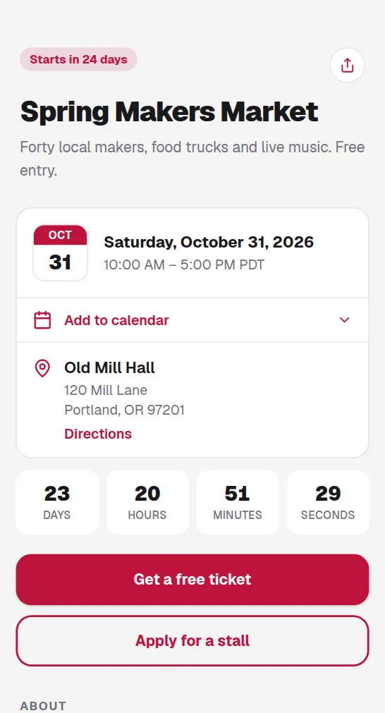 A event page on a phone