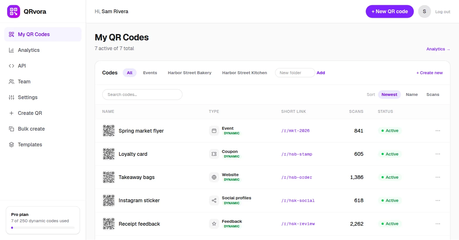 My QR Codes: folders per business, codes with their type, short link, scans and status